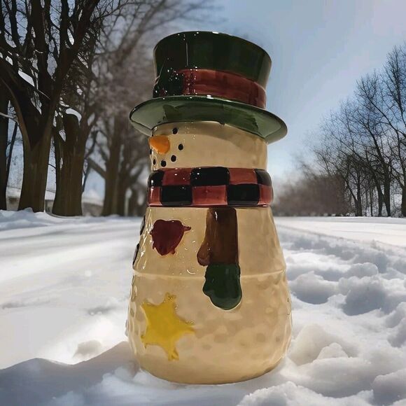 9.5" SNOWMAN COOKIE JAR, Snowman Cookie Jar, Unbranded Pottery - Picture 3 of 7
